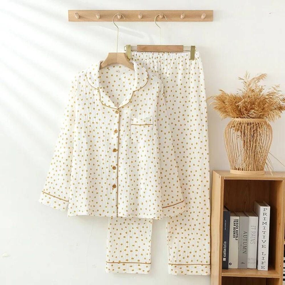 The Fleece Company Women's Size Small Beige Yellow Dot Cotton Muslin Pajama Set